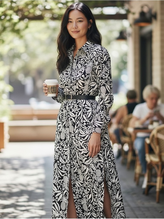 LOFT Dresses & Skirts - LOFT Black and White Pineapple Print Linen Blend Maxi Shirt Dress